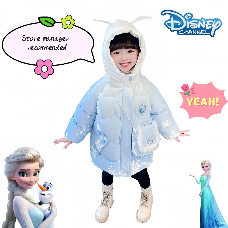 

Disney Elsa Princess Winter Cotton Jacket Cute Cartoon Fashion Mid-Length Thickened Girls' Coat with Backpack Birthday Gift