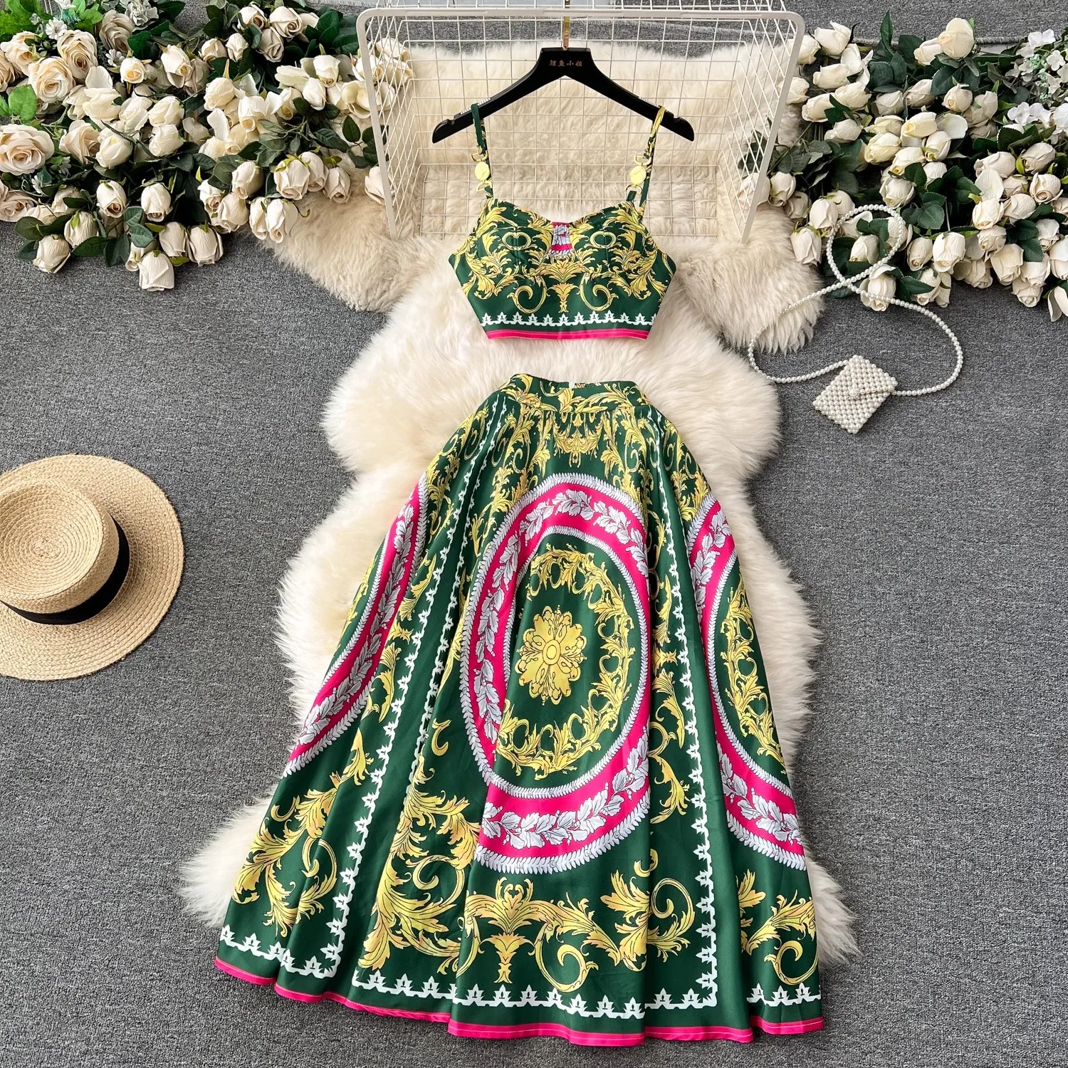 Runway Floral Two-piece Set For Women Summer Sexy Crop Tops Print A Line Maxi Long Skirts Suits Beach Outfits