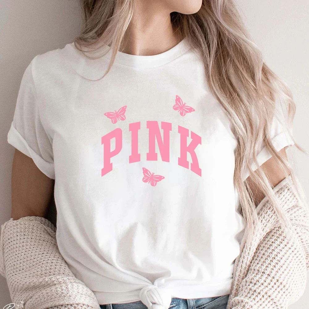 Vintage 90s Pink Print Designs T-Shirts Women Tee Shirt Big Logo Boho Female Secret Pink Color Women\'s Summer Clothes Trashy Top