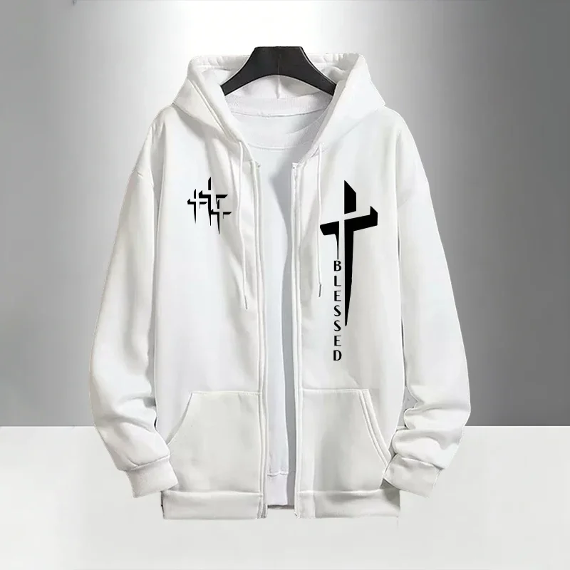 Immagine 5: Tuta da uomo con stampa Cross Blessed, felpa con cappuccio e zip e pantaloni neri, set casual urbano alla moda
