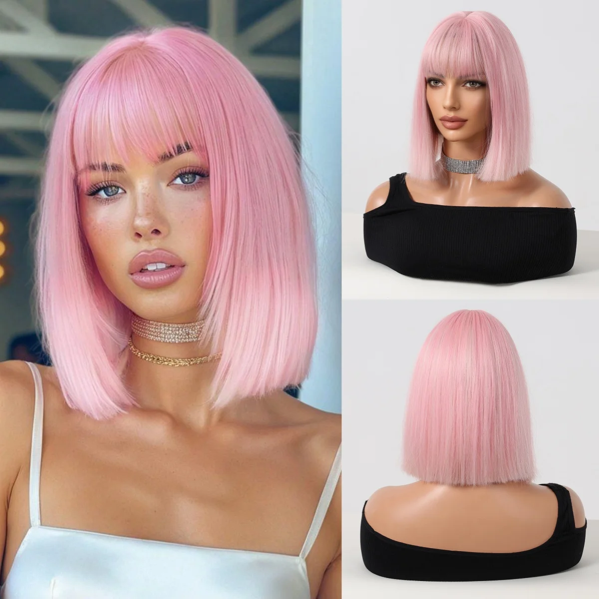 

Короткий розовый синтетический парик для женщин, используйте боб, натуральные прямые искусственные волосы с челкой, вечерние, повседневные, косплей, термостойкое волокно