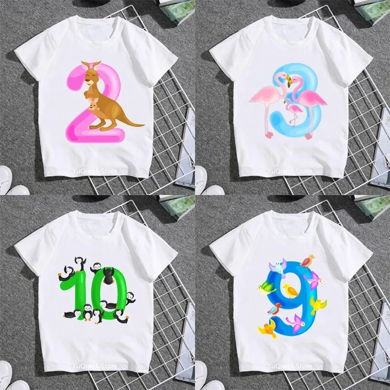 Funny Number Kangaroo/Flamingo/Hedgehog/Frog/Rabbit/Penguin Aimal Print Kids Boy Girl T-shirt Children's Clothes Birthday Gift