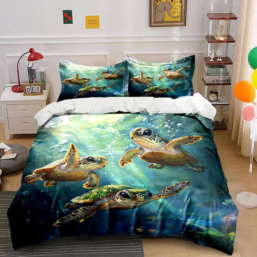 Three turtles swimming underwater Print Bedding set 3PC 1 duvet cover 2 pillowcases adult and children bedding set Luxury