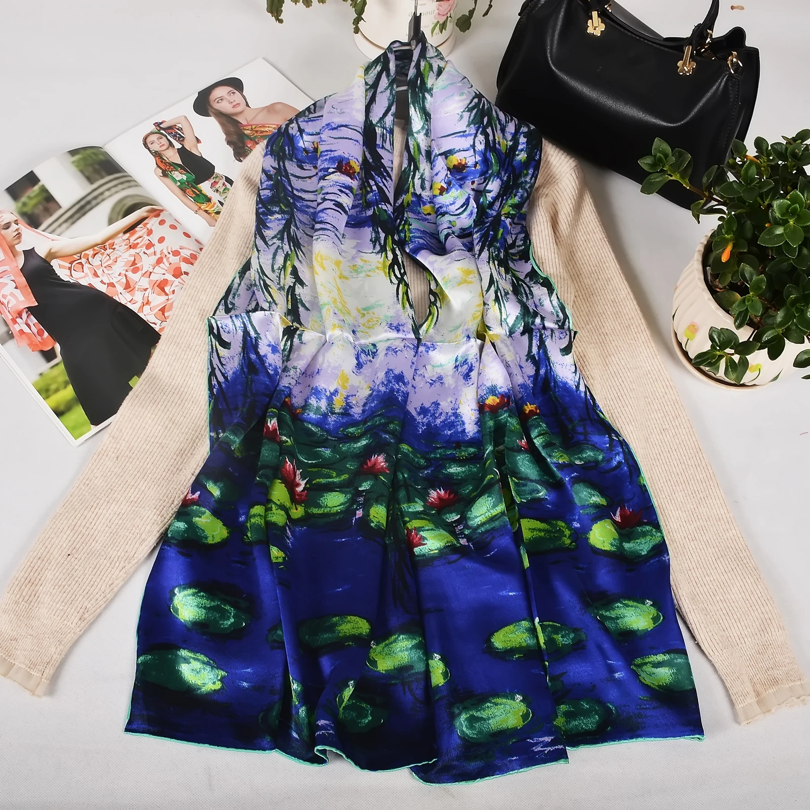 

БИСИФА | Синий Белый 100% Шелковый Шарф Шаль Женщины Осень Зима Лотос Дизайн Бренд Шеи Длинные Шарфы Модный Платок на Голову для Обертывания Волос