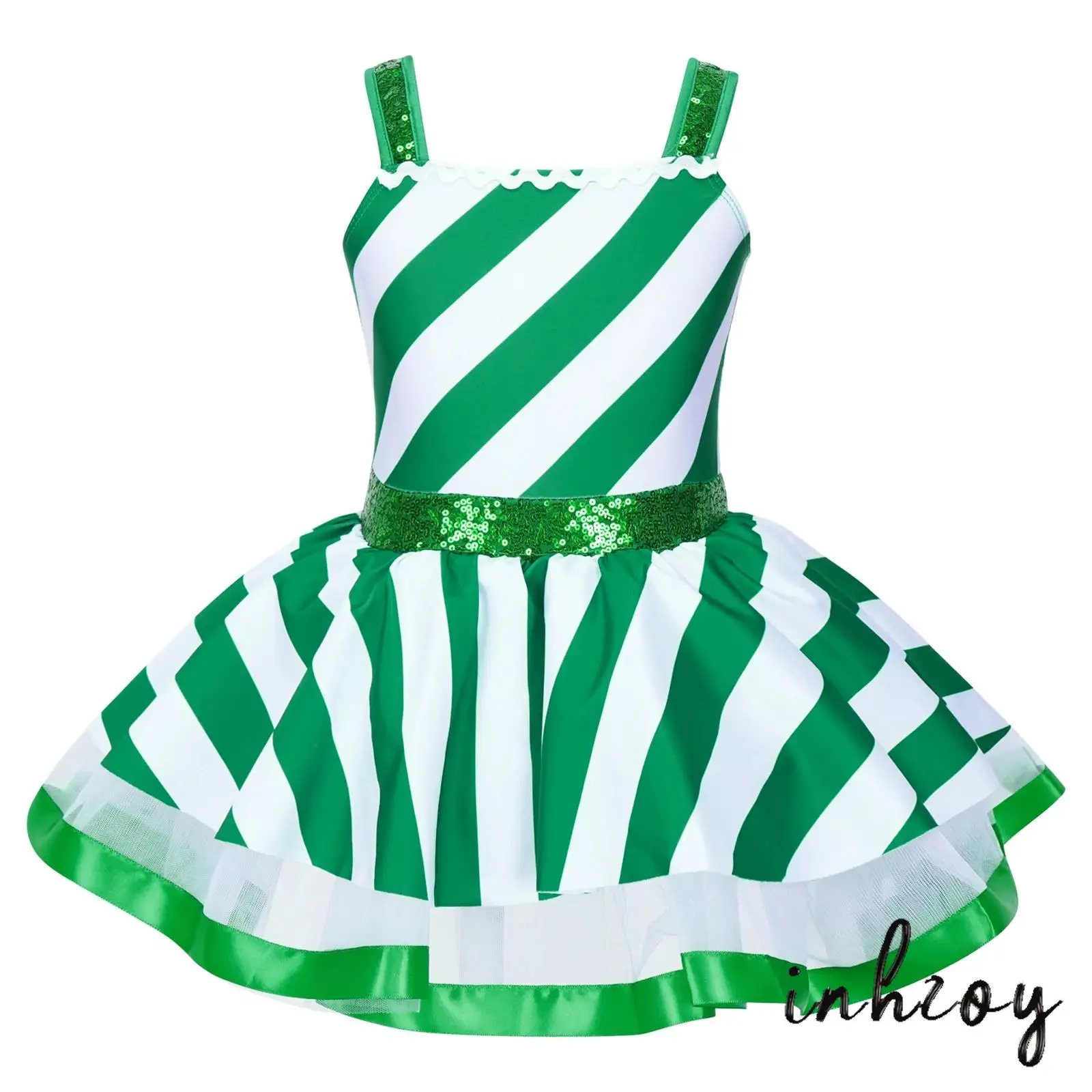 

Kids Girls Christmas Ballet Dance Dress Sleeveless Shiny Sequins Mesh Splice Figure Ice Skating Skating Dress Candy Cane Leotard