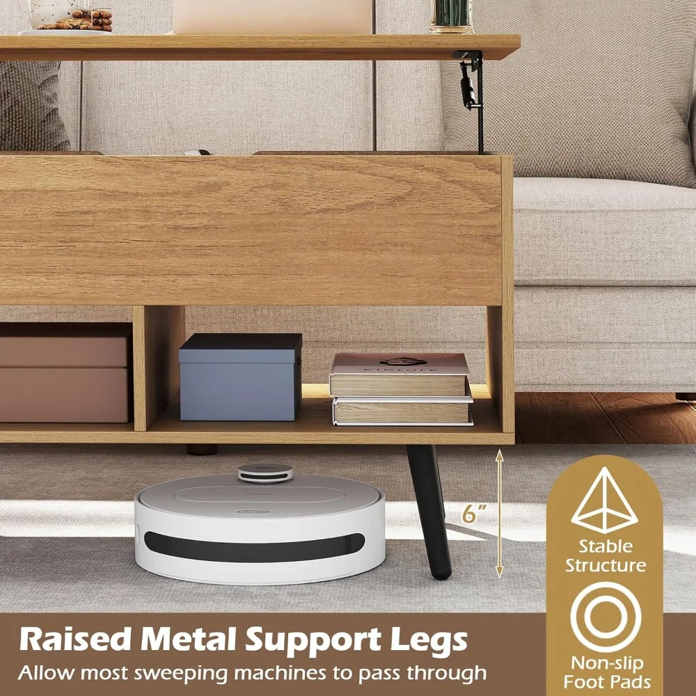 Modern Lift Top Coffee Table with Hidden Storage and Two Open Shelves