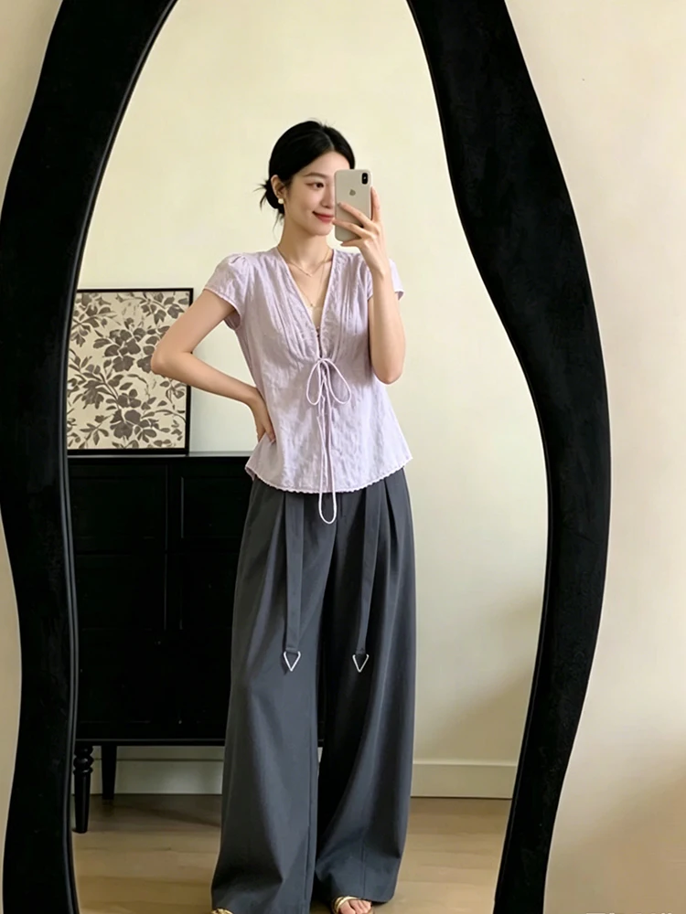 

Korean Style Gentle Personality Light Purple V-neck Belted Women's Shirt Summer Slimming Texture Short Sleeve Top