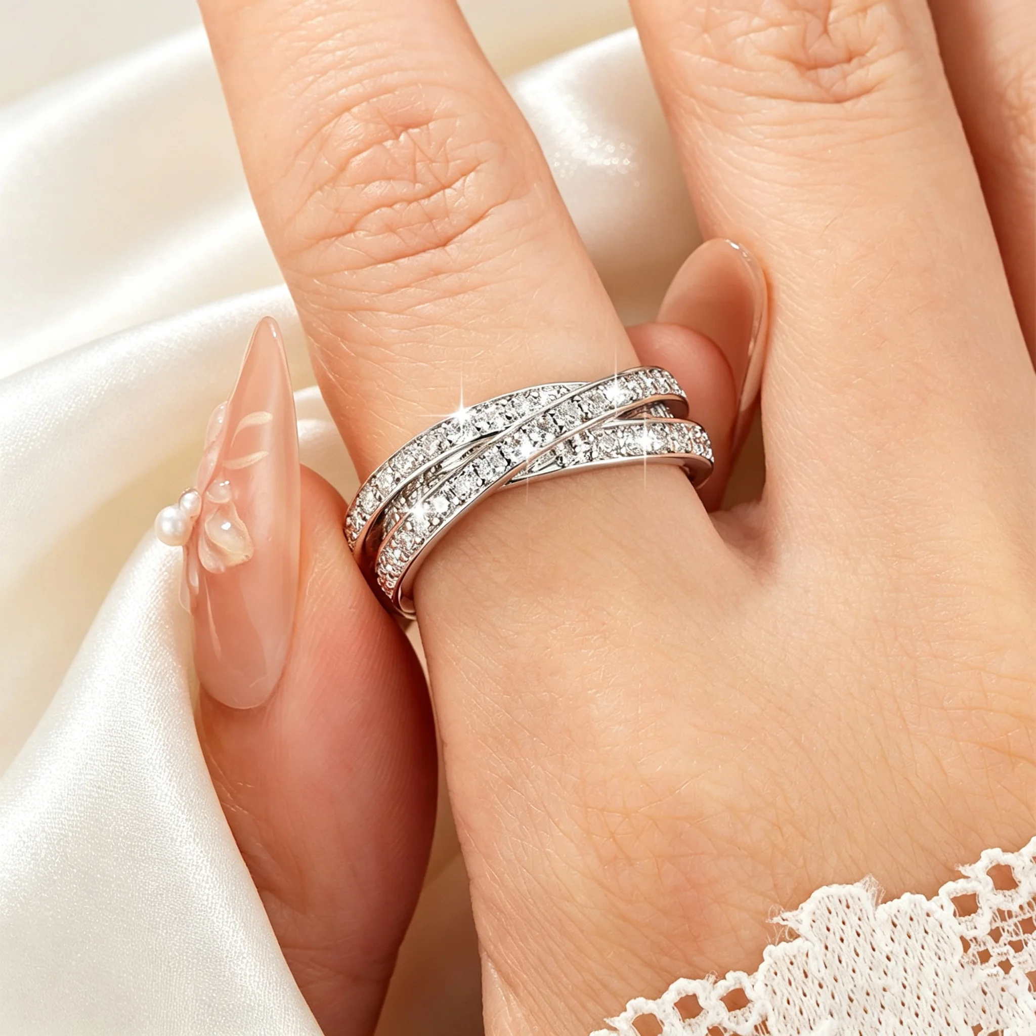 Abestecom 14K White Gold Plated Women Rings D Color Moissanite Intertwined Three Band Stackable Ring Wedding Eternity Jewelry
