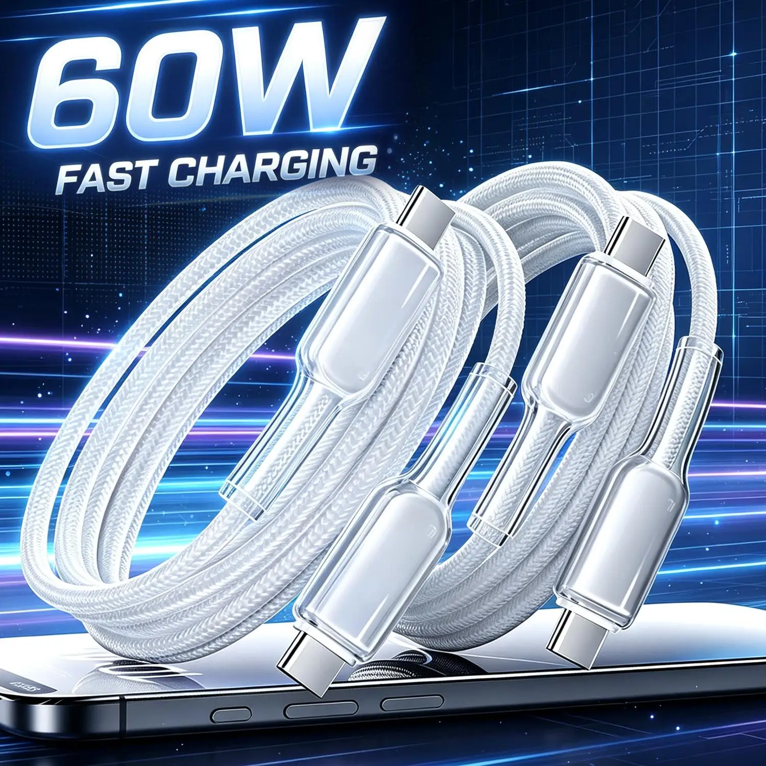 USB C Crystal Cable USB Type C Cable PD 60W Fast Charger Cord USBC to Type-C Cable for iPhone 17 Samsung MacBook iPad Xiaomi