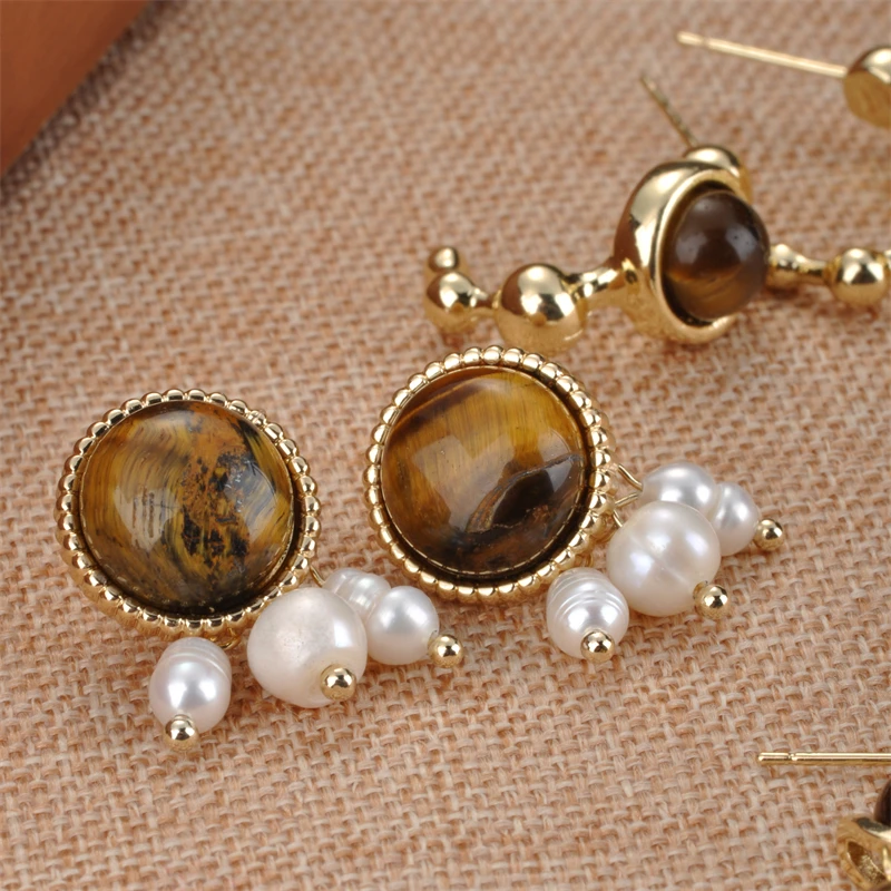 New Retro Simple Brown Amber Platinum Tiger Eye Stone Earrings Women's Fashion Gold-plated Jewelry Souvenir Gift