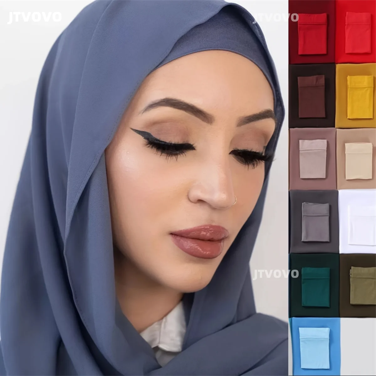 Hijab Assressentien Mousseline de Soie pour Femme Musulmane, Écharpe, Châle de Protection Solaire Solide et Bonnet de Base, 2 Pièces/Ensemble