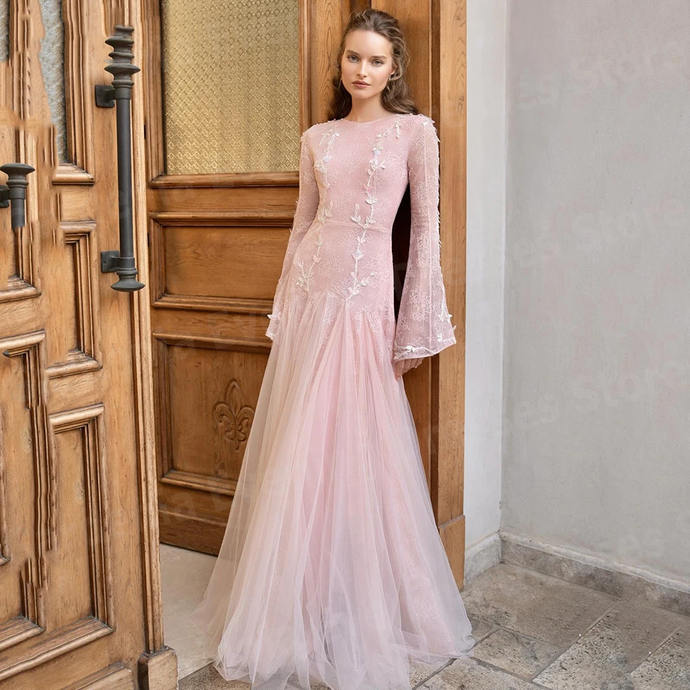 Pretty Pink Mermaid Women's Evening Dresses Long Sleeve Prom Gowns Customized Lace O Neck فساتين للمناسبات الخاصة Robe De Soirée image 3