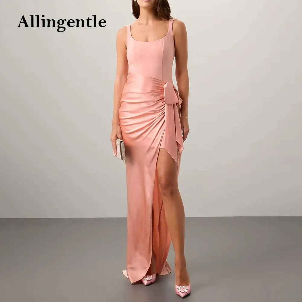 

Elegant Square Neck Mermaid Prom Dresses Sleeveless Backless Sexy Thigh High Split Long Evening Formal Dress with Bow Customized
