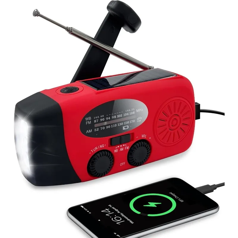 

Радиоприемник с ручным приводом AM/FM/NOAA, 2000 мАч, Power Bank, LED-фонарик, солнечная зарядка, USB для кемпинга, активного отдыха, экстренных ситуаций, HD-качество