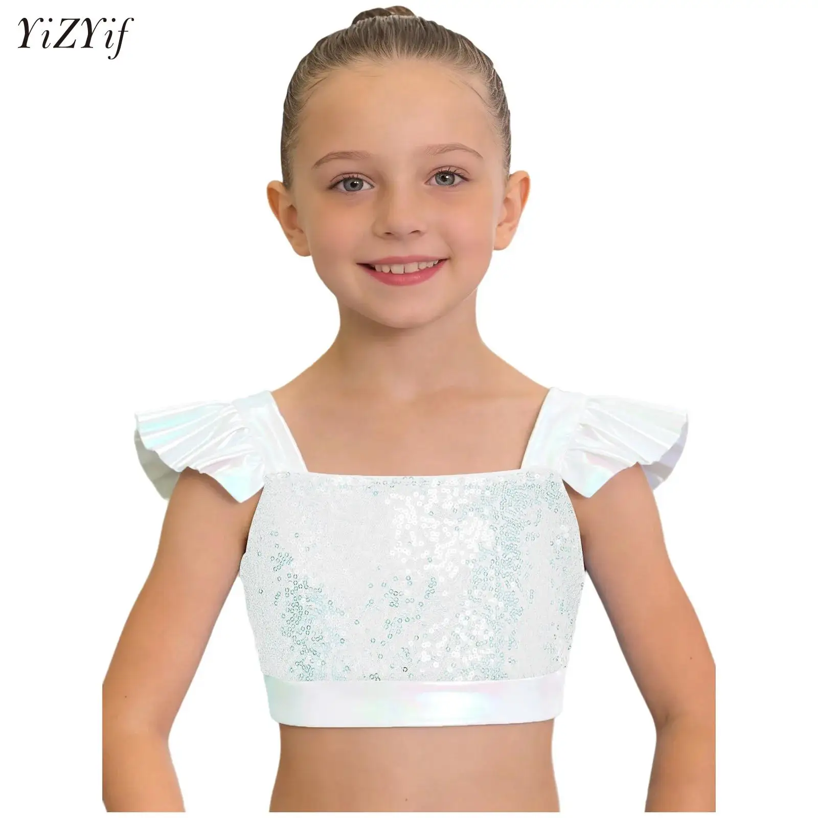

Kids Girls Sparkling Sequin Jazz Hip-hop Dance Tops Square Collar Ruffled Sleeves Metallic Crop Top for Gymnastics Performance