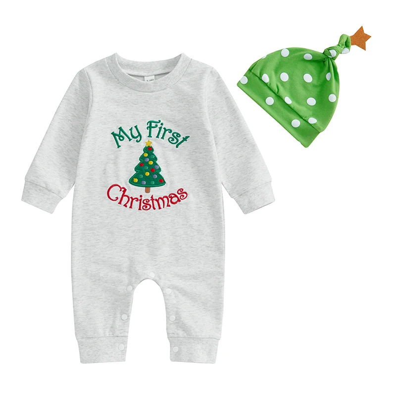 

Baby Christmas Romper Letter Tree Embroidery Long Sleeve Full Length Jumpsuit with Hat 2 Pcs Set