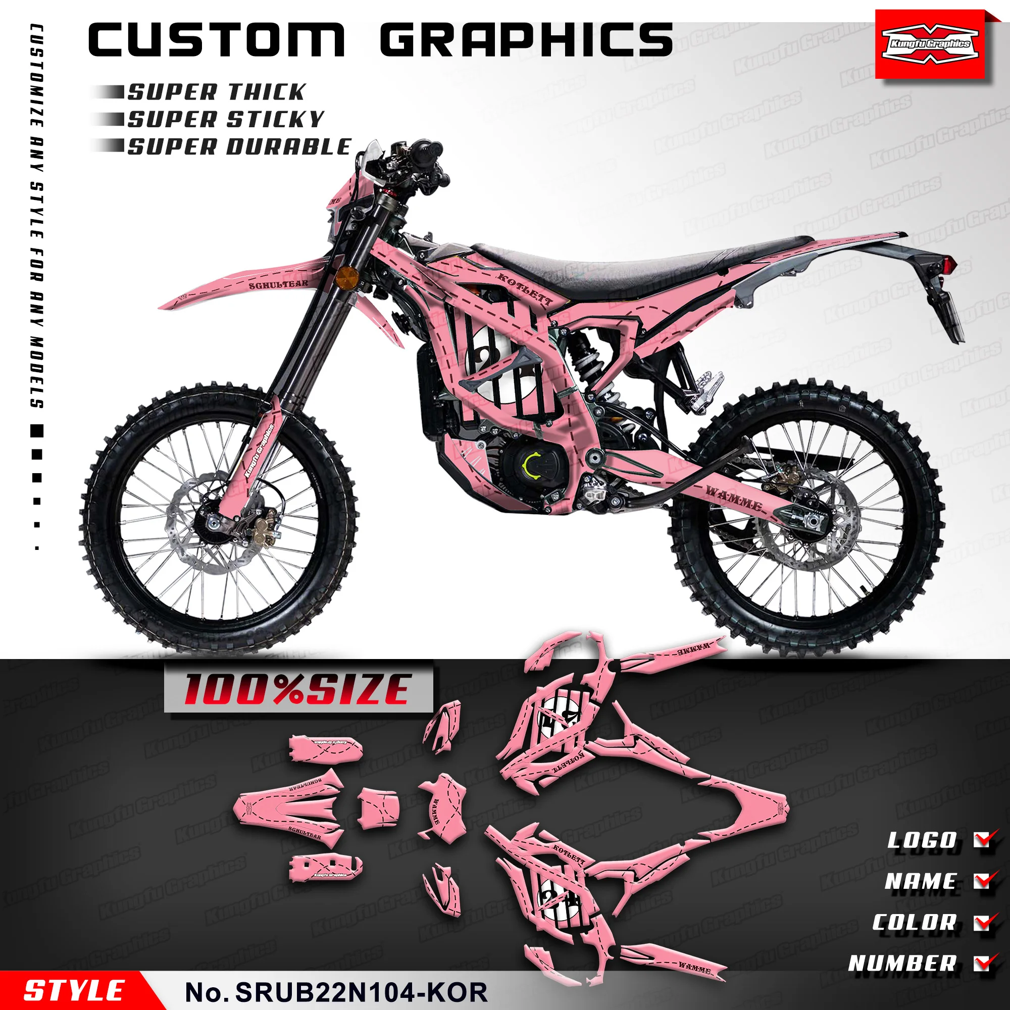 

KUNGFU GRAPHICS MX Stickers Enduro Motorcycle Decals for Ultra Bee R Dirt eBike, Pink, Customised, SRUB22N104-KOR