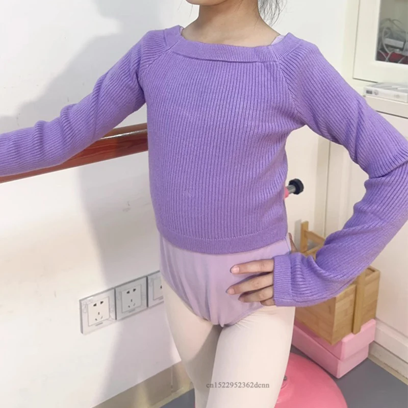meninas-ballet-danca-camisola-elastica-ombro-plano-camisola-adolescentes-criancas-outono-inverno-pullovers-manga-longa-malhas-roxo-rosa