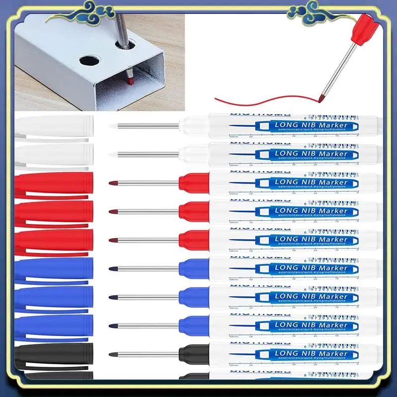 Portable 10Pcs Deep Hole Marker Pen, Multi-Purpose Long Nib Deep Reach Marker Pen, Carpentry Plastic Metal Glass Marking Tool
