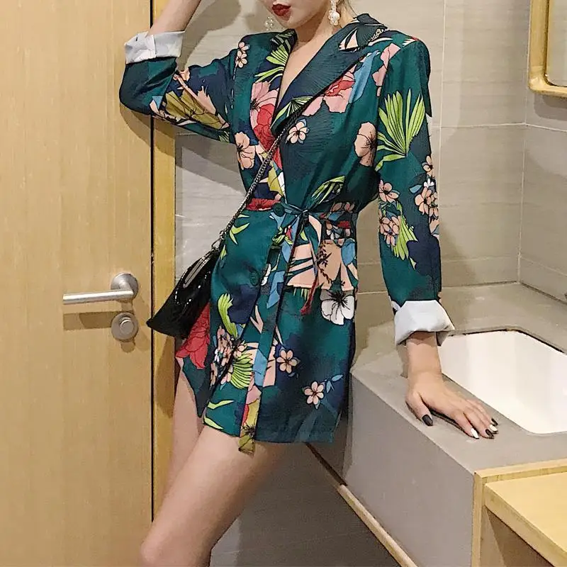 New Fashion Trend Women Print Flower Long Sleeves Suit Jacket Elegant Autumn Winter Office Lady Cardigan Coat Casual Streetwear