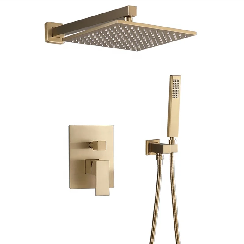 Concealed In Wall Shower Faucets Set Brushed Gold 10 Inch Square Brass Shower Head Plastic Handheld Rain Shower Kits