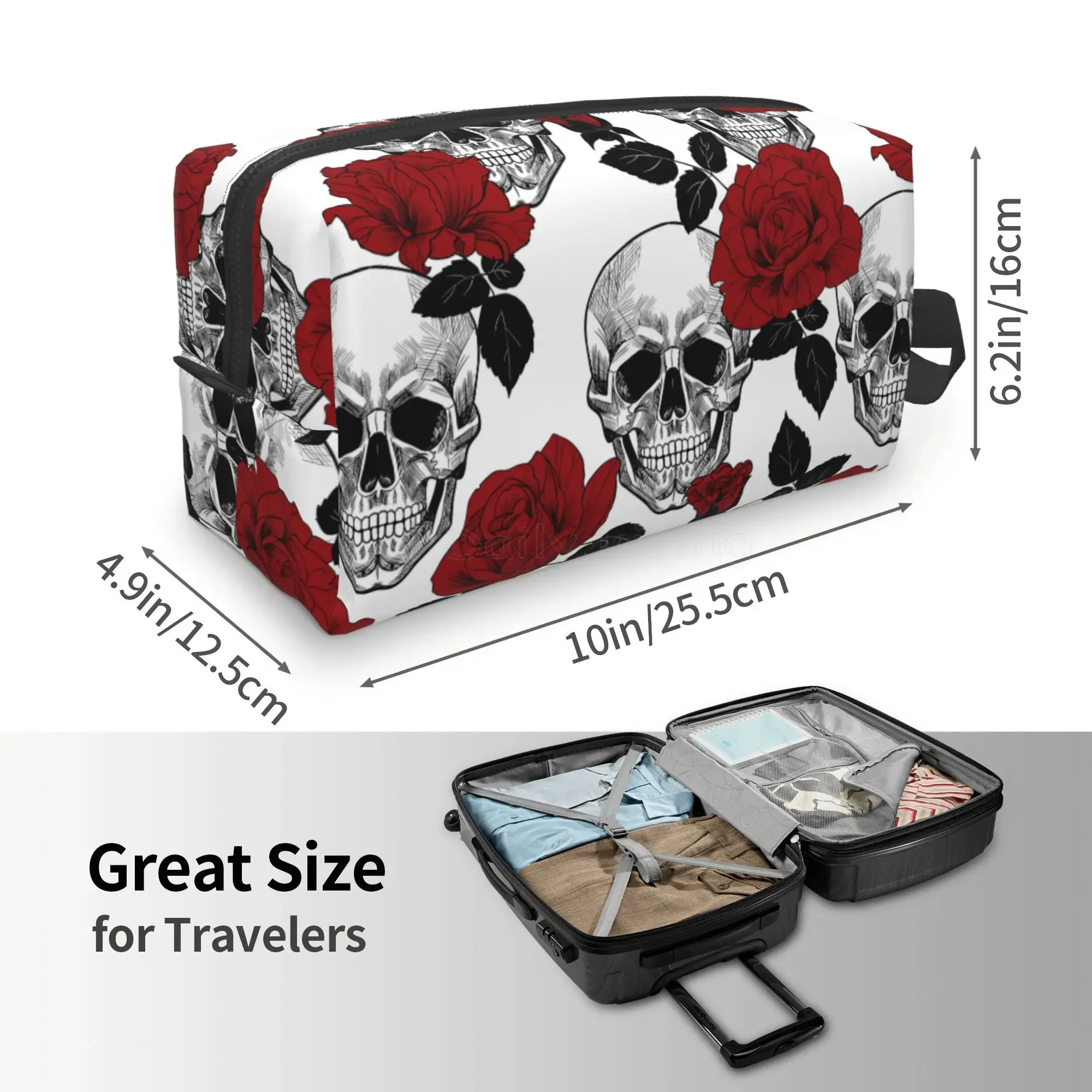 Gothic Skull Flower Black Cosmetic Bag Sugar Skull Flower Storage Bags Unisex Portable Large Capacity Makeup Bag for Travel Work