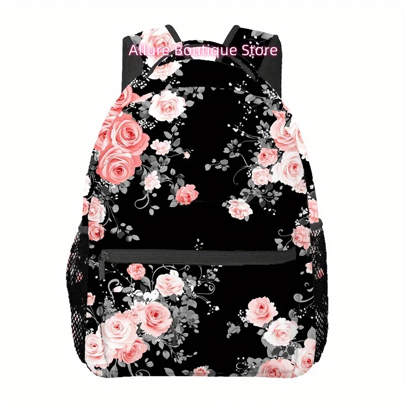 Elegant Black Floral Backpack with Pink Roses - Lightweight, Adjustable Strap, Zipper Closure, Durable Polyester Material - Idea