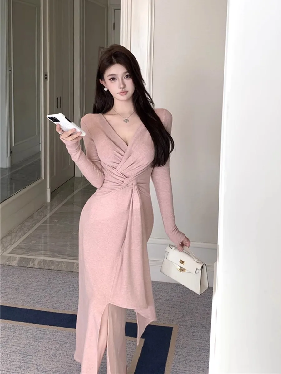 Vestido E Rosa com Decote em V e Mangas Longas para Mulheres, Primavera e Outono, Saia Dividida, Sexy, Cintura Alta, M...