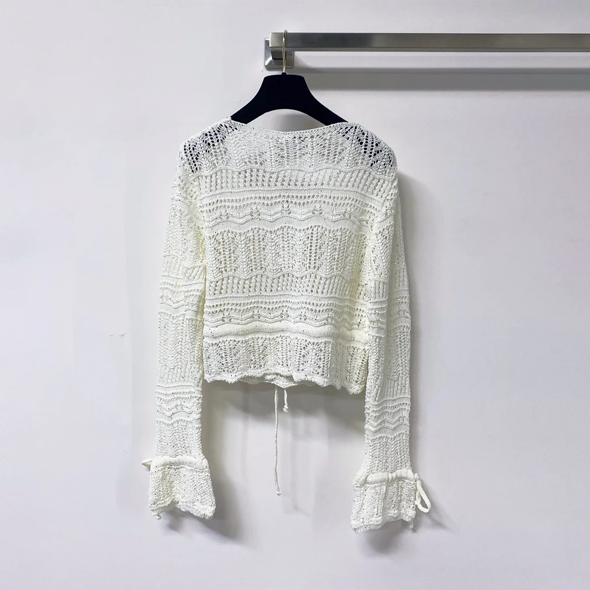 2026 High Quality Women's Hollow V-neck Drawstring Short Knitted Hoodie--2682294