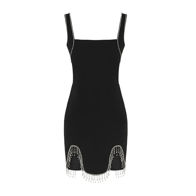 Sexy senza maniche Slash Neck Diamonds nappa Chain Cut Out Bandage Mini Bodycon 2024 Summer New Women Black Celebrity Party Dress