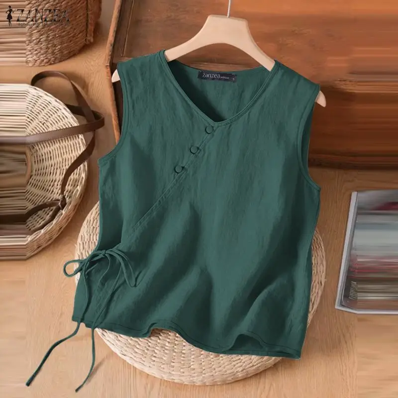 ZANZEA Women Cotton Linen Tank Tops V-Nck Lace-Up Front Solid Color Sleeveless Tops 2026 Summer Daily Casual Breathable Tanks