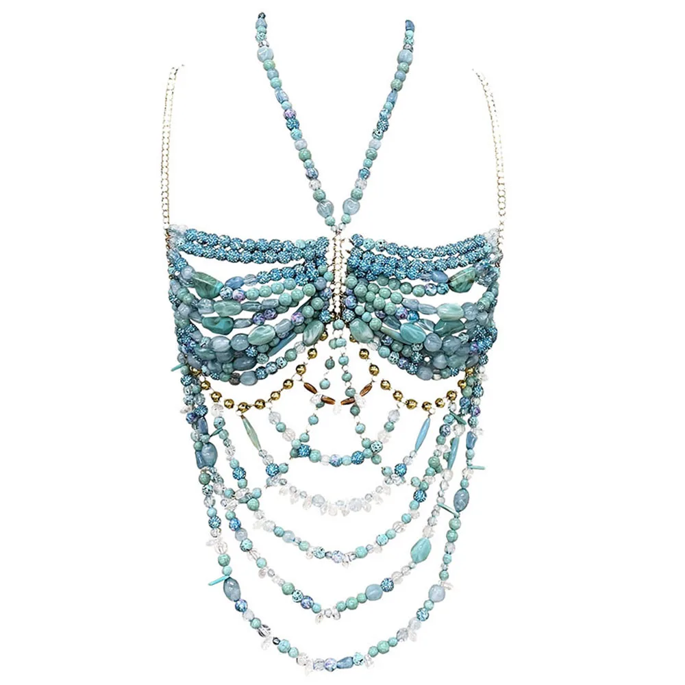 Spice Girls Handmade Bra Rhinestone Beaded Hollow Hanging Neck Tassel Halter Music Party Body Jewelry