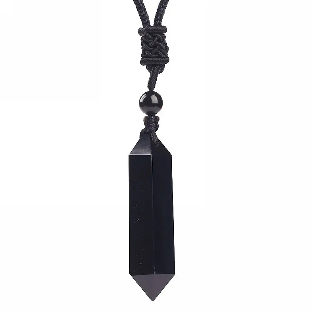 

Crystal Natural black obsidian hexagonal point prism necklace Sweater Chain Necklace Safe Lucky For Women Men