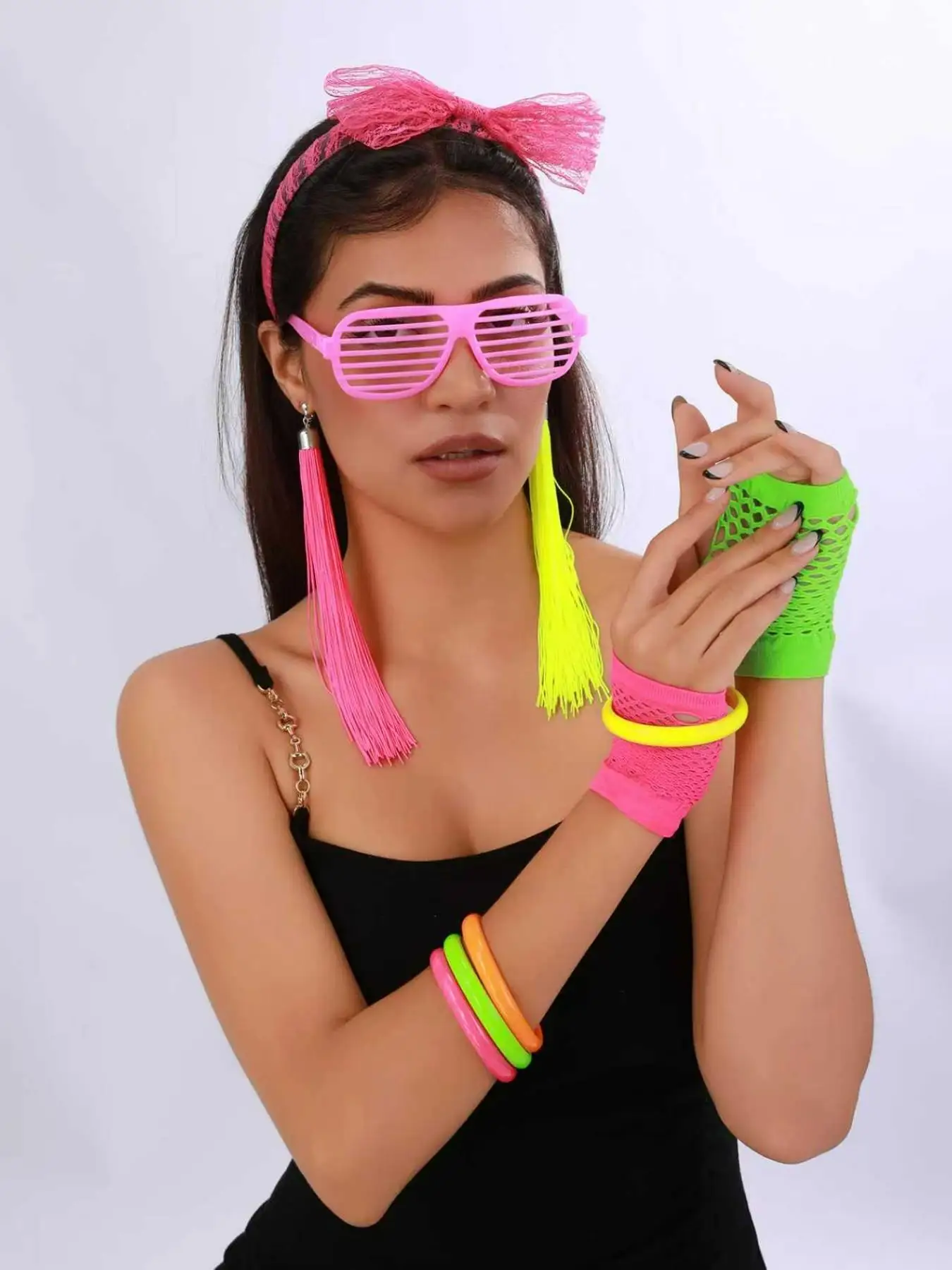 80s Neon Costume Accessories Set Lace Bow Headband Shutter Shades Glasses Fishnet Gloves Tassel Earrings Wristbands 1980s Retro