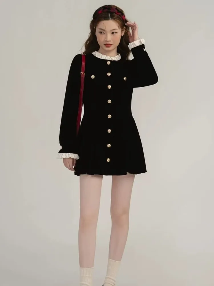 French Small Fragrance Black Dress Female Long Sleeve A Line Slim Casual Korean Elegant Fashion One Piece Mini Dress Women