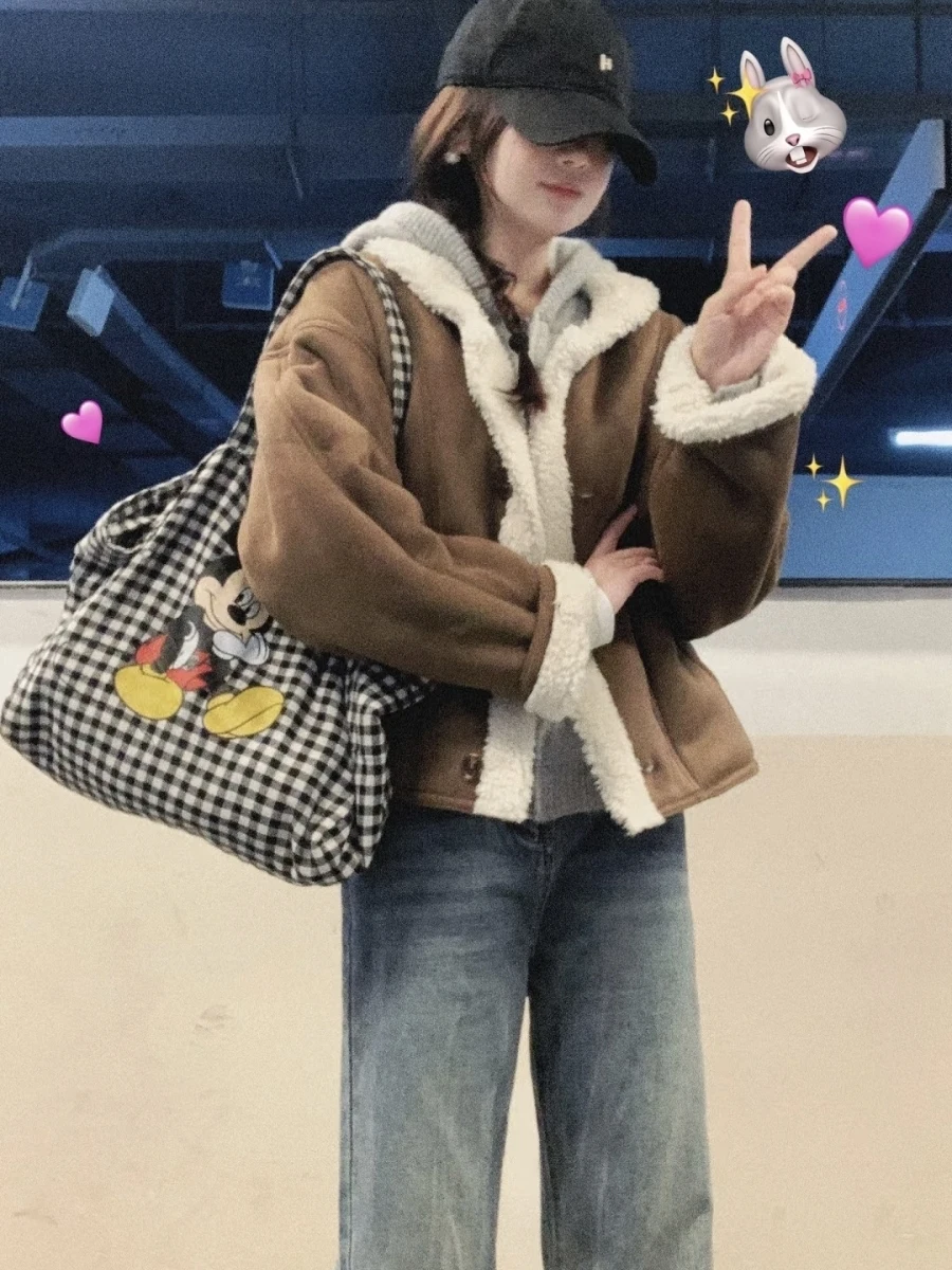 Jaqueta Retro de Pele de Cordeiro Thiened para Mulheres, Casaco de Algodão Solto e Quente para o Inverno, Com Fechamento de Botão e Exterior Fofo