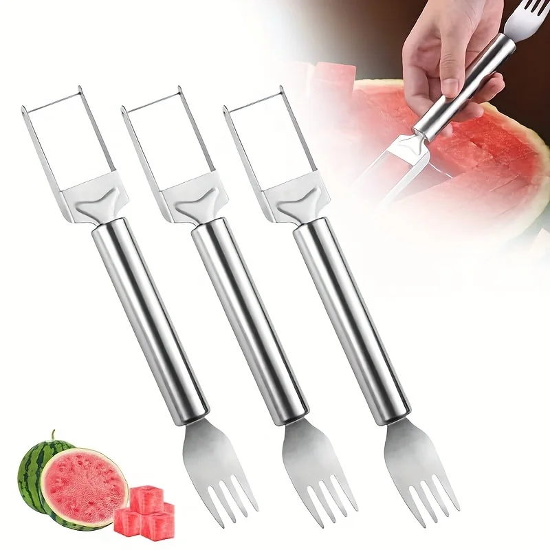 Upgraded 2in1 Stainless Steel Fruit Cutter, Watermelon Fork Slicer Cutter, Dual Head Fruit Forks Slicer Knife with Round Handle