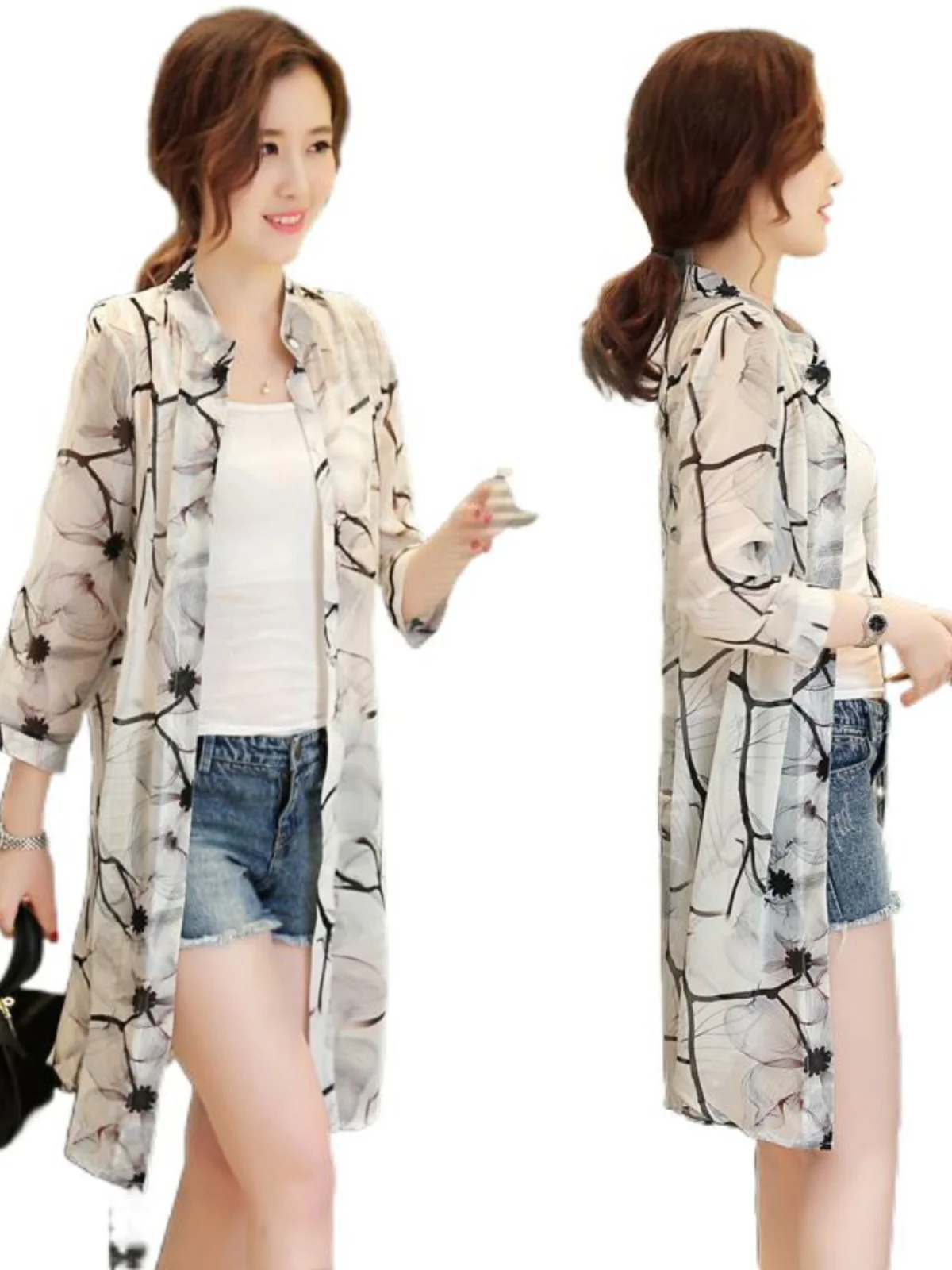 Damska szyfonowa letnia nowa odzież wierzchnia w dużych rozmiarach, chroniąca przed słońcem, rozpinana, cienka, teksturowana.