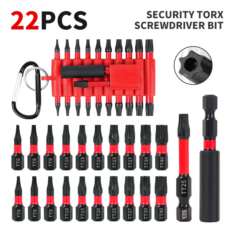 22-teiliges Schlagfestes S2-Stahl Sicherheits-Torx-Bit-Set 25mm Stark Magnetisch Hohe Härte Verschleißfestes Schraubendreher-Bit-Set