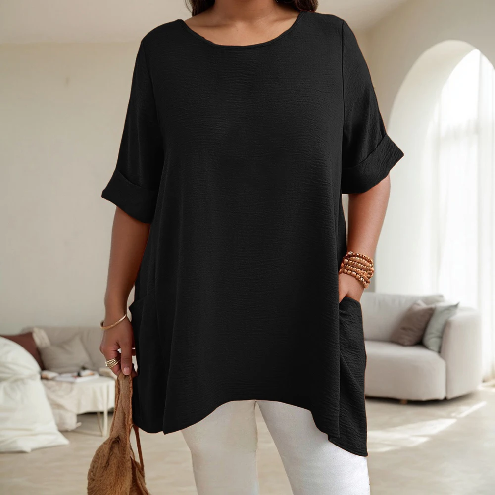 حجم كبير المرأة الصلبة س الرقبة انخفض الكتف كم جيوب تونك القمم الصيف السيدات بلوزة كاجوال تي شيرت تي شيرت حجم 1XL-5XL