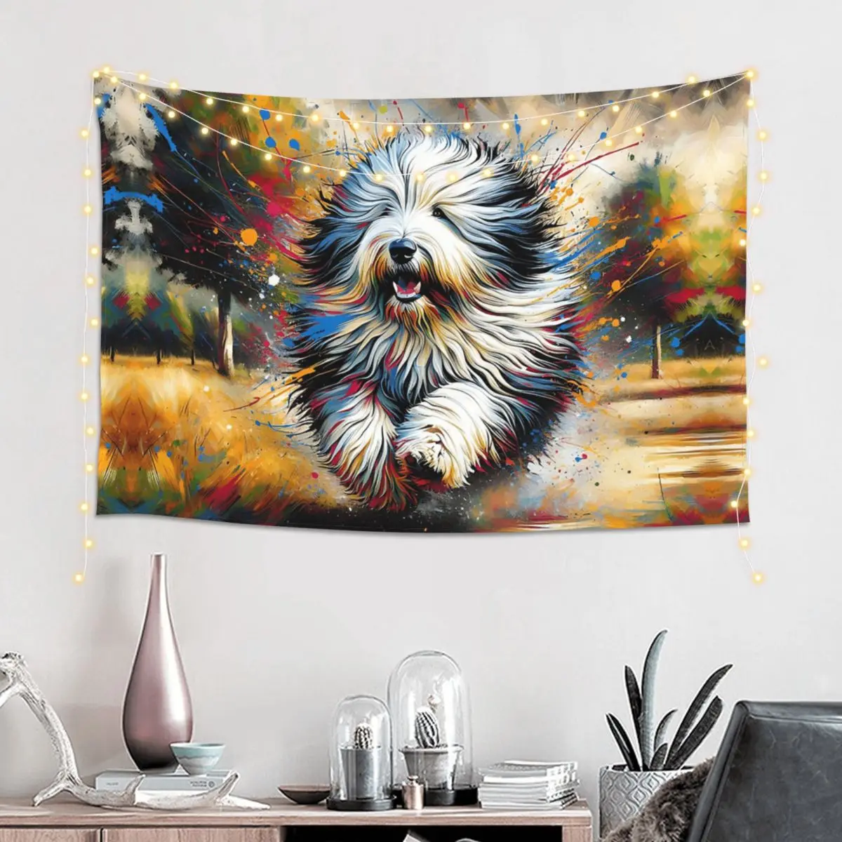 Old English Sheepdog Dog Portrait Acrylic Art Tapestry Hippie Wall Hanging Aesthetic Home Decoration Tapestries for  Dorm Room