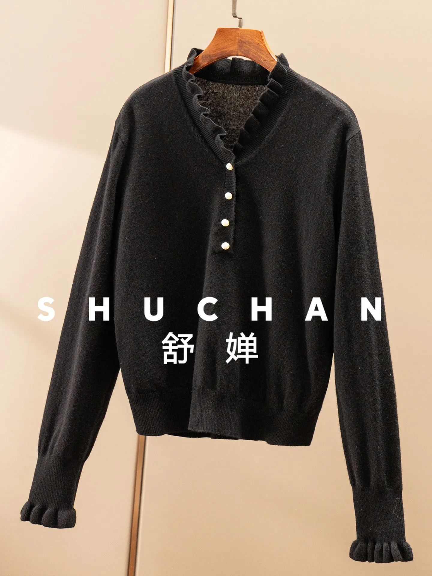 Pullover Elegant and Exquisite 100 Wool Fungus Edge V-neck Half-cardigan Sweater Women's 03K2