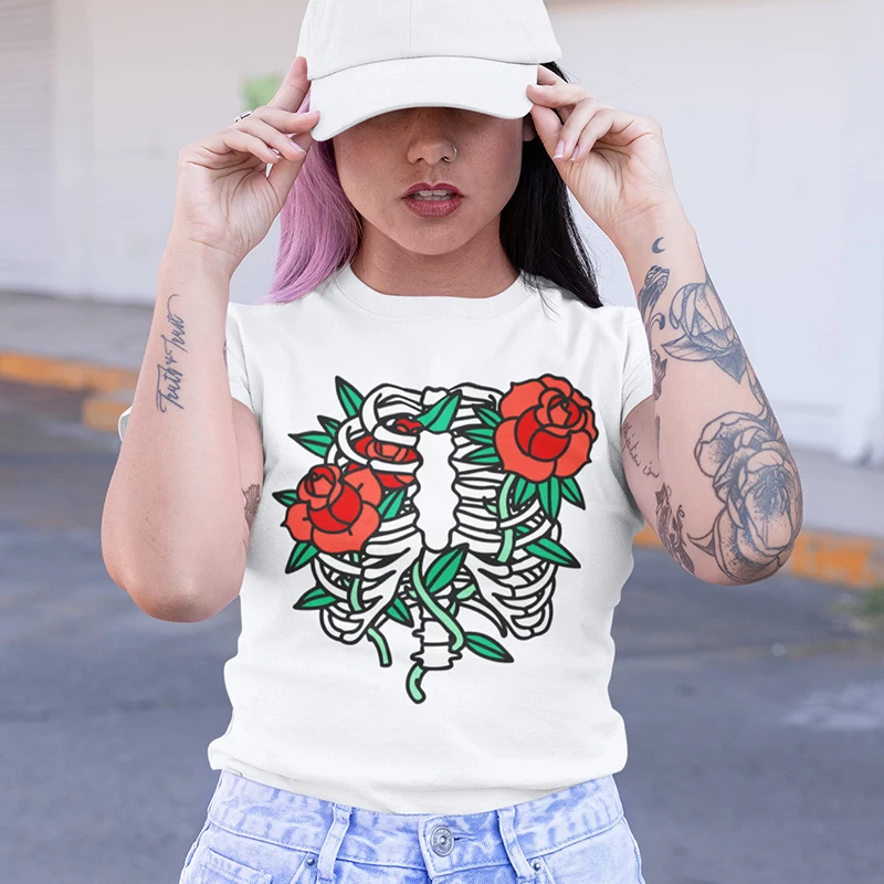 Skeleton Flower Women T-Shirt Harajuku Skull Flowers Graphic Tee Mental Health Womens T Shirt Harajuku O Neck Aesthetic Tops