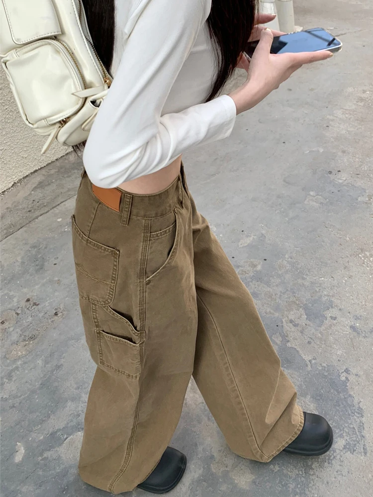 

Khaki Retro Wide Leg Jeans Women's High Waist Loose Straight Long Pants Summer New Style Casual Wear Resistant Spring Season