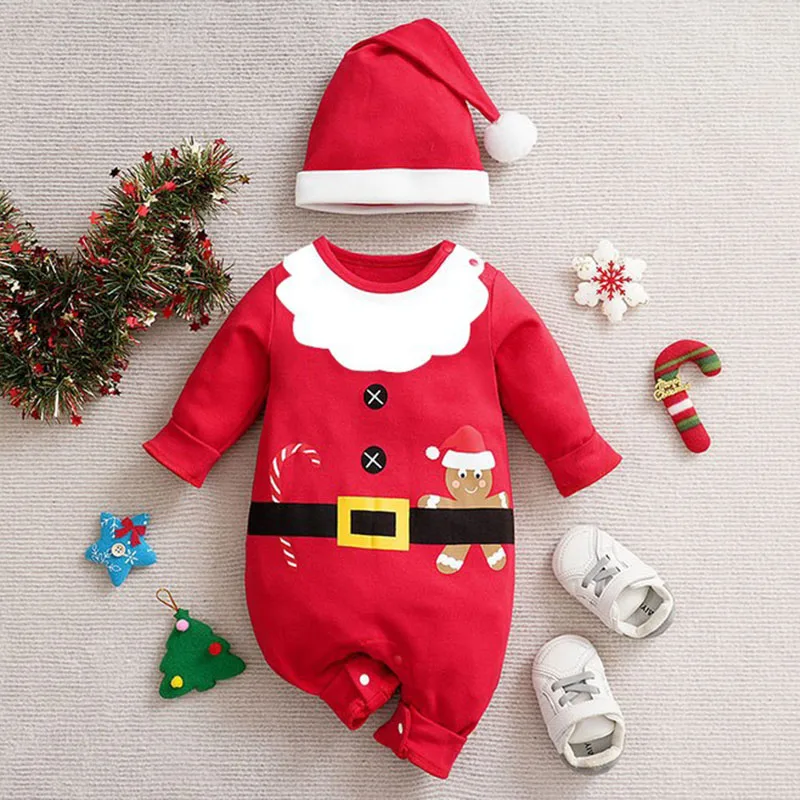 Christmas Costume 2023 New Year Clothing Toddler Baby Boys Girl Romper Long Sleeved Cotton Cartoon Print Infant Baby Jumpsuit