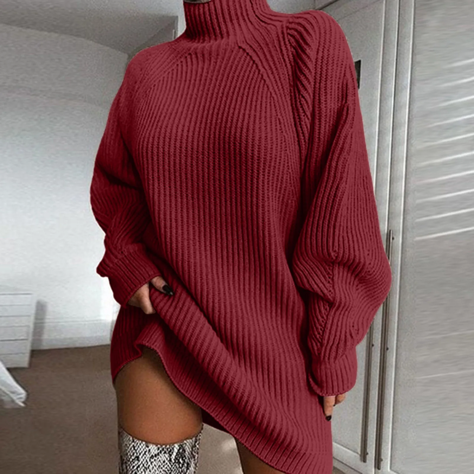 Women Fashion Turtleneck Mid Length Sweater Dress Autumn Winter New Solid Knit Warm Comfortable Dresses Female