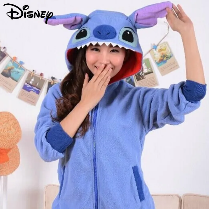 Disney-Women\'s Stitch Cartoon Hooded Zipper Blue Hoodies, Sweet Casual Zip-up Sweatshirts, Cute Clothes, Y2k