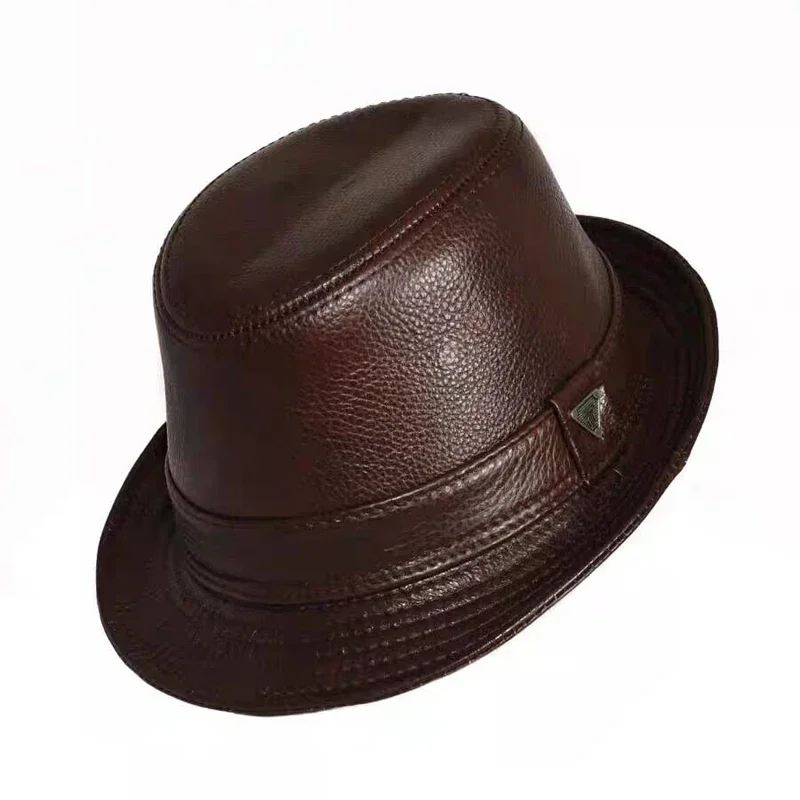 

Retro Man High Quality Genuine Leather Jazz Fedora Gentleman Cowhide Short Brim Black/Brown Top Hat Male Shows Topper