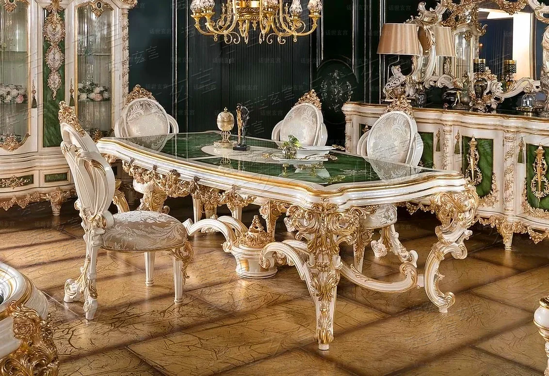 European villa table French court deluxe table green veneer parquet solid wood gold foil carved long table