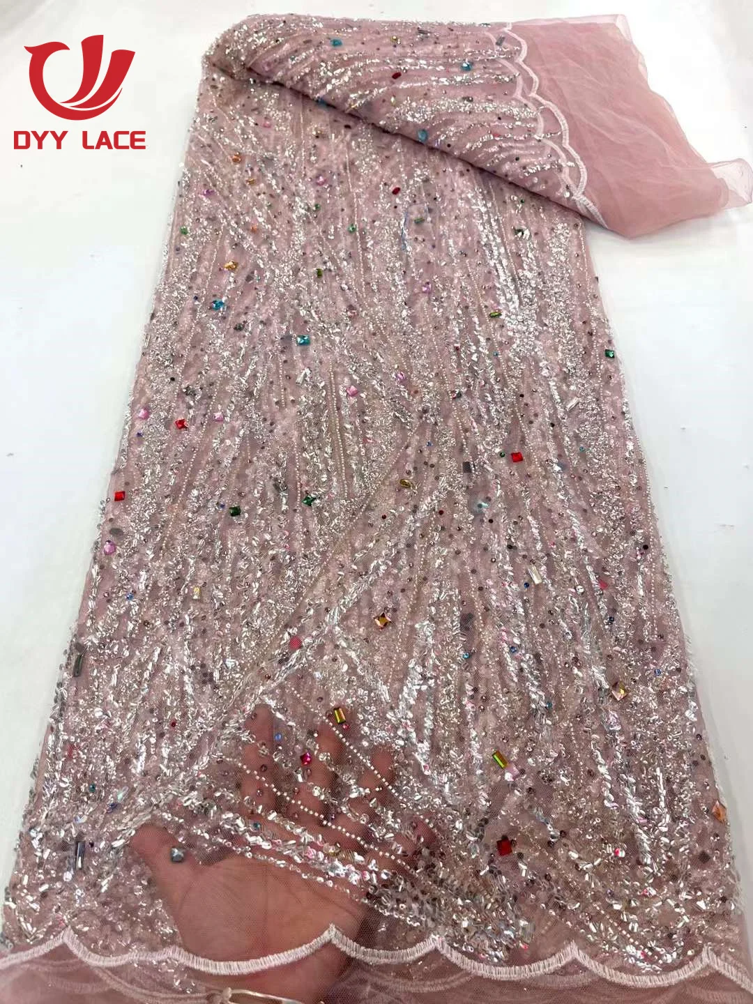 2023 Latest Sequins Nigerian Lace Fabrics Fashion Women African Tulle Lace Luxury Crystal Stones Fabrics For Wedding  5 Yards